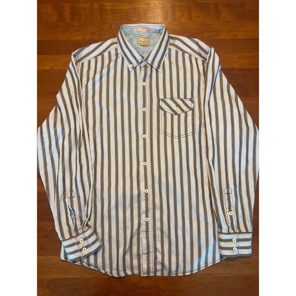 Tommy Bahama Men's Large Blue Gray Brown Stripe Button Down Shirt Cotton